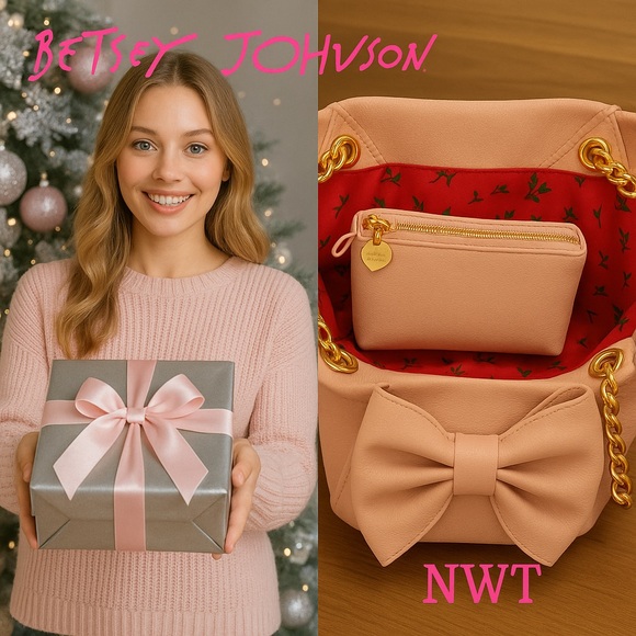 NWT, Betsey Johnson SET, Blush Crochet Bow,Shoulder Bag,Gold Chain,2 Pieces, Med - Picture 2 of 9